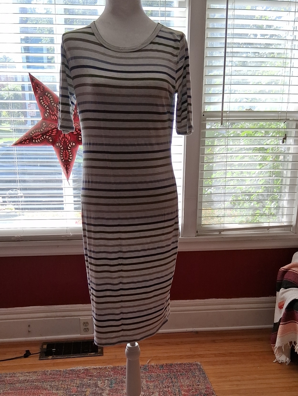 LuLaRoe Striped Midi Dress - White, Gray, Black